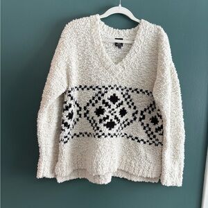 bobeau Ivory Boho V-Neck Sweater with Black Geometric Shapes XL EUC
